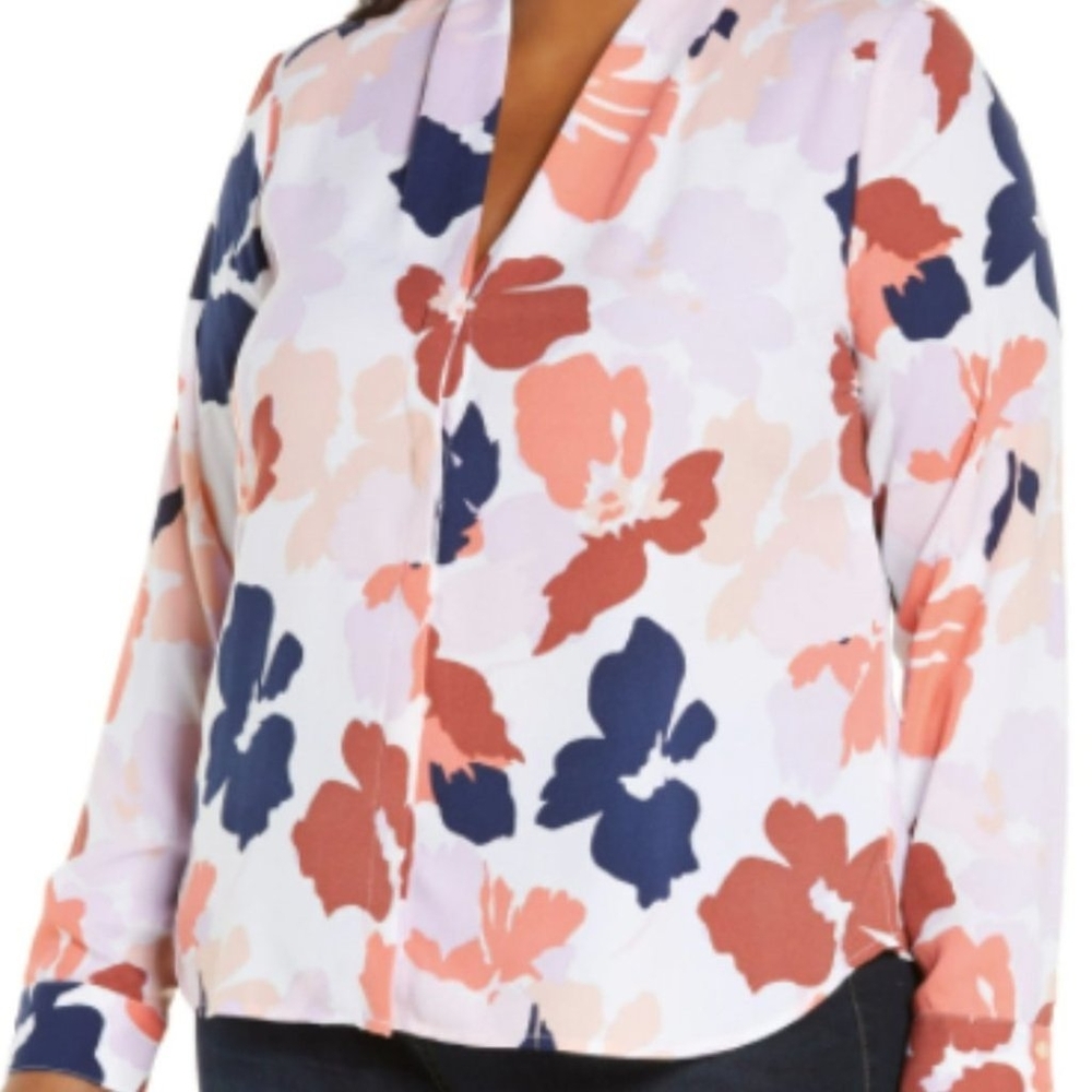 HALOGEN Navy Peach Abstract Print V Neck Long Sleeve Button Up Blouse 2X - Picture 2 of 8